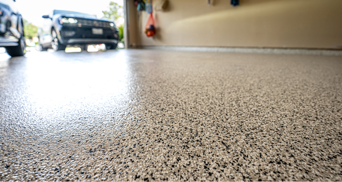 Detailed flake epoxy garage floor finish
